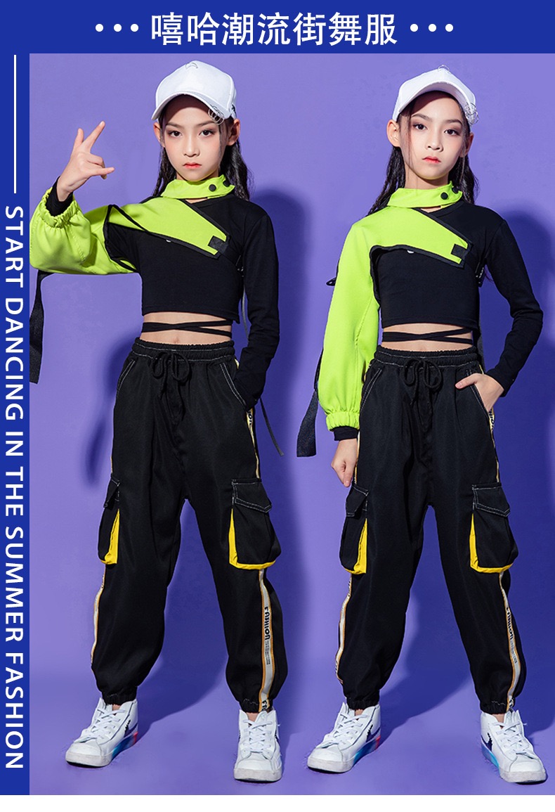 ชุดเต้น ชุดแดนซ์ ฮิปฮอป สีนีออน เสื้อสีดำ กางกงดำ