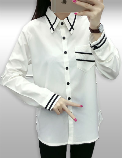 เสื้อเชิ๊ตแฟชั่นสีขาวคอปกแต่งลายแขนยาว รหัส2035