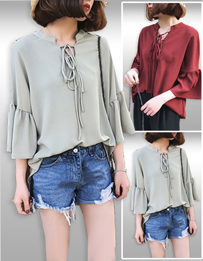 เสื้อแฟชั่นแขนระบายผูกโบว์คอสวยๆมี 3สี รหัส2055