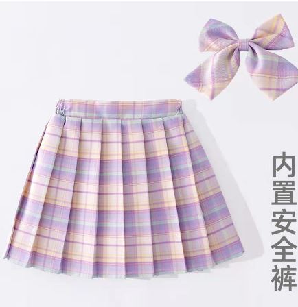 กระโปรงเด็ก อัดพีช สั้น สก็อตสีพาสเทล