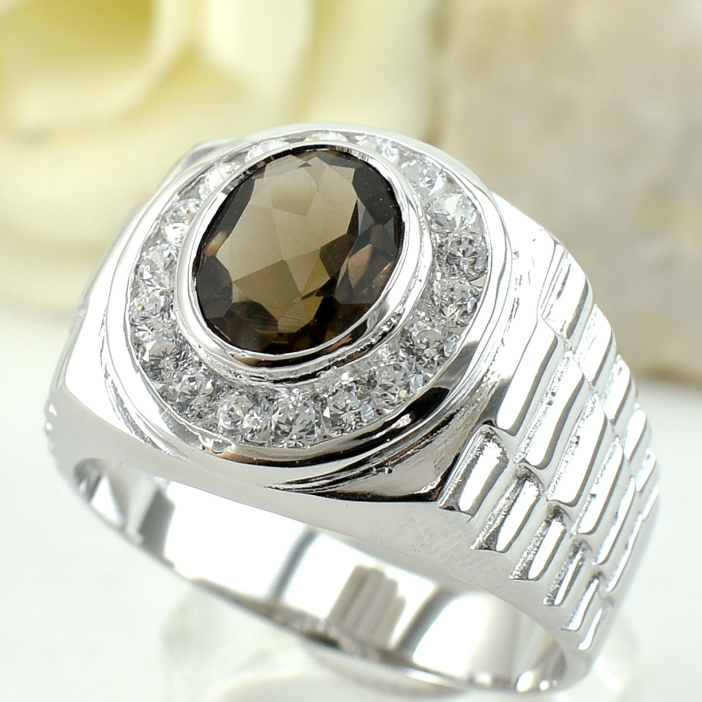 แหวนเงินแท้ราคาถูกชุบทองคำขาว พลอยแท้สโมกกี้ควอทซ์ 2.25 กะรัต เพชรCZ 0.54 กะรัต งานประณีตสวยงาม สั่งผลิตค่ะ
