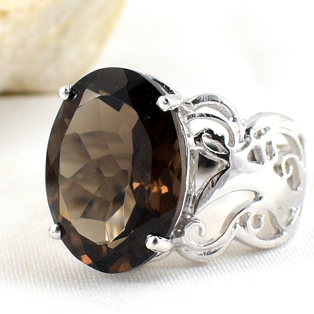 แหวนเงินแท้ราคาถูกชุบทองคำขาว พลอยแท้สโมกกี้ควอทซ์ 9.0 กะรัต งานประณีตสวยงาม สั่งผลิตค่ะ