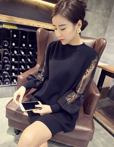 ชุดเดรสแฟชั่นคอกลม แขนยาวผ้าตาข่ายนุ่มน่ารักสไตล์เกาหลี-1523-สีดำ