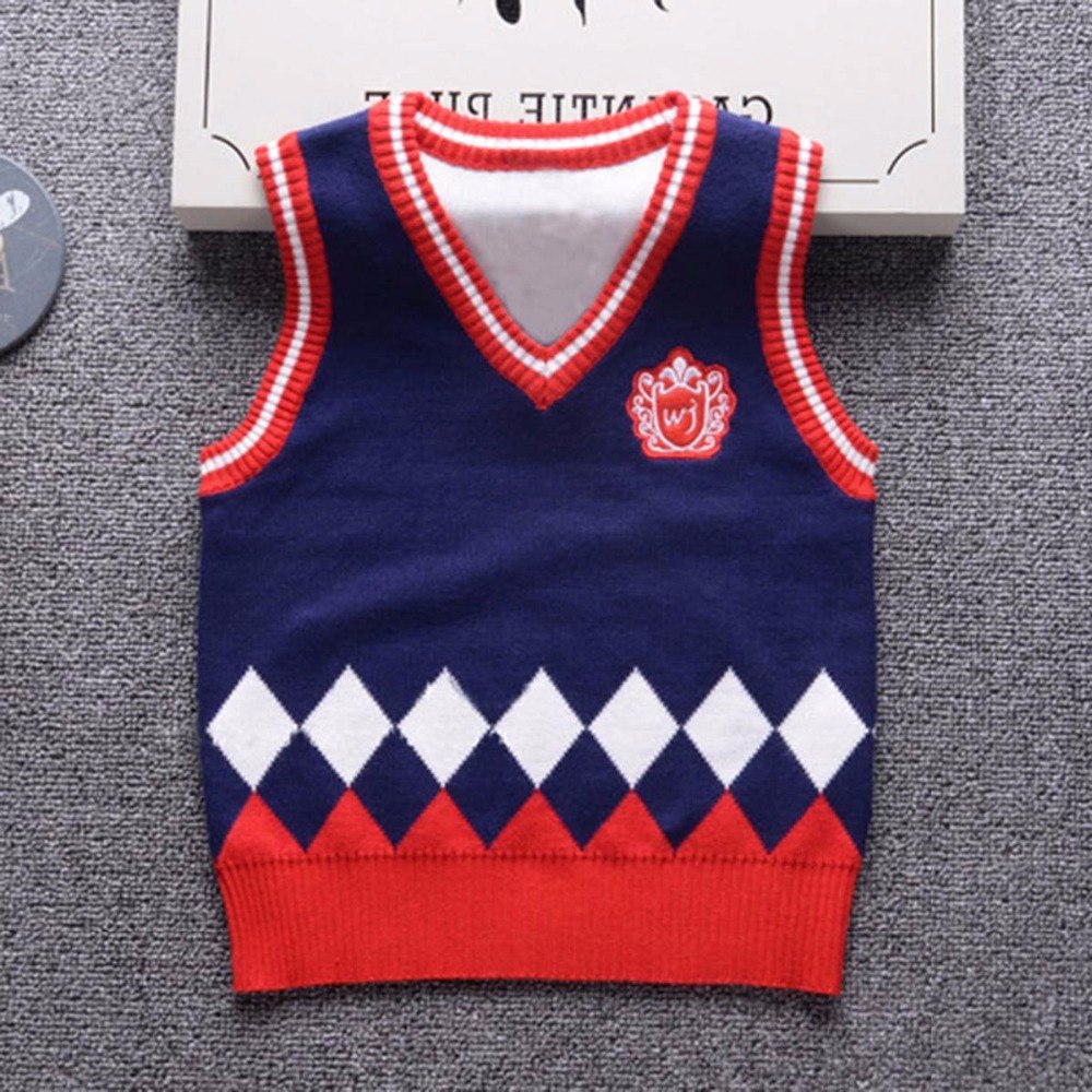 เสื้อกันหนาว : เสื้อกั๊ก ไหมพรม ลายข้าวหลามตัด แขนขลิบกรม