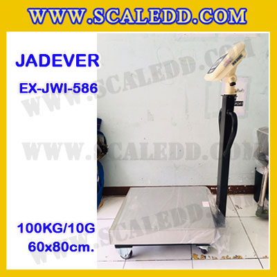 เครื่องชั่งดิจิตอลตั้งพื้น ยี่ห้อ JADEVER รุ่น EX-JWI-586 ขนาดแท่น 60x80cm. พิกัดน้ำหนัก 100kg ค่าละเอียด 10g พร้อมที่เข็นและล้อ