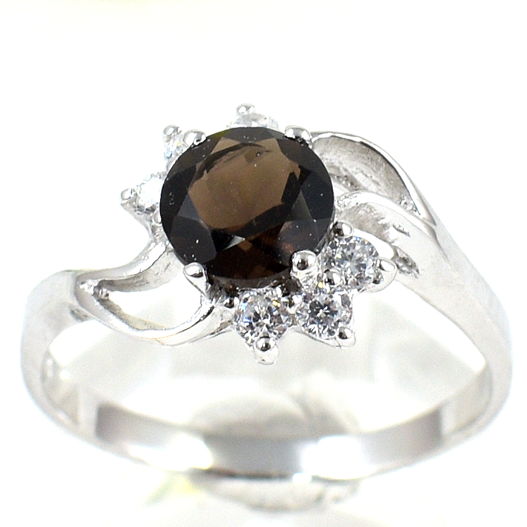 แหวนเงินแท้ราคาถูกชุบทองคำขาว พลอยแท้สโมกกี้ควอทซ์ 0.95 กะรัต เพชรCZ 0.18 กะรัต งานประณีตสวยงาม สั่งผลิตค่ะ