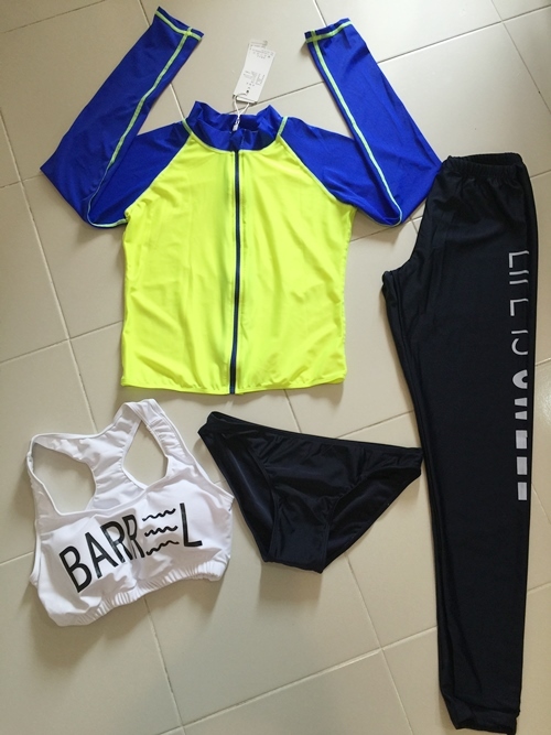 ชุดว่ายน้ำแขนยาว เซต 4 ชิ้น บราใน รอบอก 34-38 เอว 36-30 ตัวนอกแขนยาว อก 32-38 กางเกงขายาว เอว 24-30 สะโพก 32-40 นิ้วยาว 34 นิ้วค่ะ ผ้าดี งานสวยค่ะ