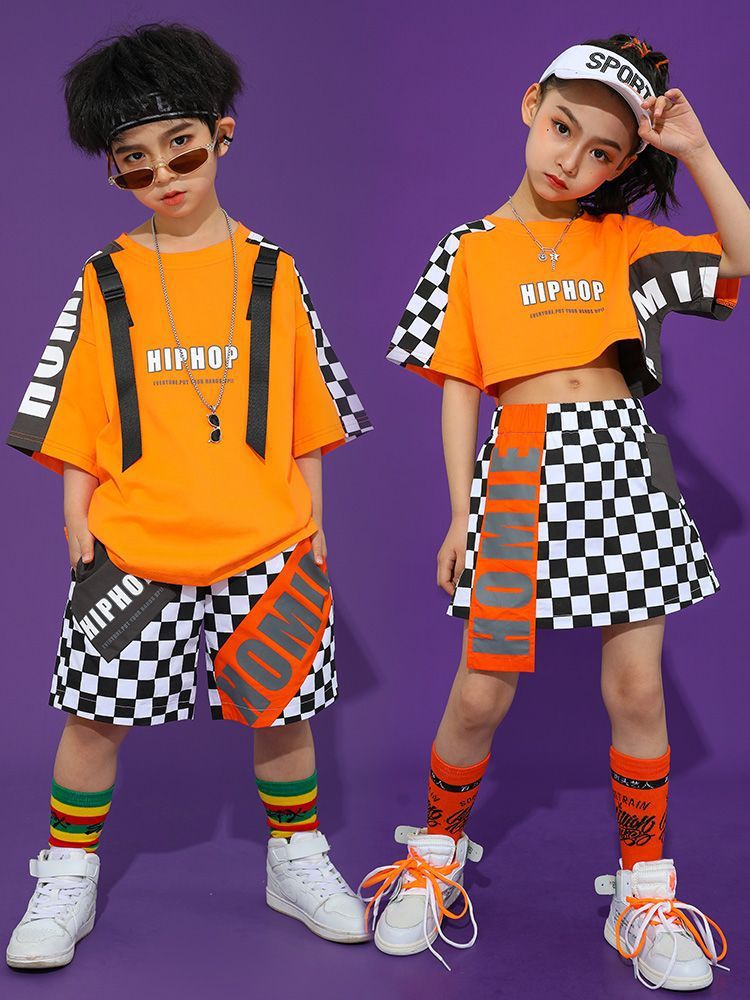 พร้อมส่ง ชุดเต้น ชุดเชียร์เด็ก เซ็ตสีส้ม ลายสก๊อต สีส้ม ชุดกีฬา สปอร์ต