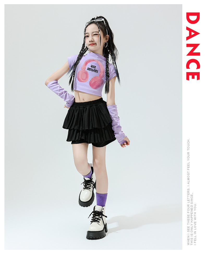 พร้อมส่ง ชุดเต้นเด็ก เสื้อ พร้อมปลอกแขน+กระโปรงอัดพลีท