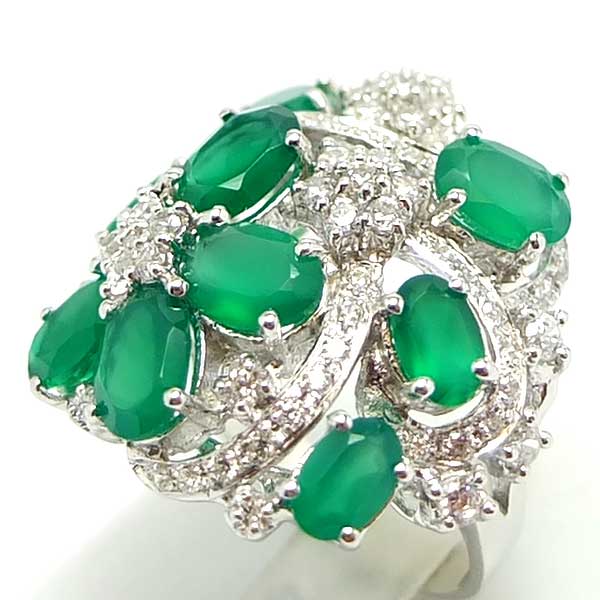 แหวนเงินแท้ราคาถูกชุบทองคำขาว พลอยแท้กรีนอะเกท 5.80 กะรัต เพชรCZ 1.015 กะรัต งานประณีตสวยงาม สั่งผลิตค่ะ