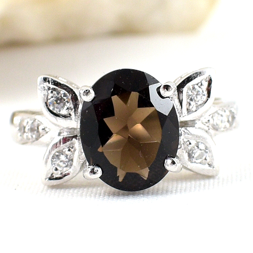แหวนเงินแท้ราคาถูกชุบทองคำขาว พลอยแท้สโมกกี้ควอทซ์ 2.25 กะรัต เพชรCZ 0.16 กะรัต งานประณีตสวยงาม สั่งผลิตค่ะ