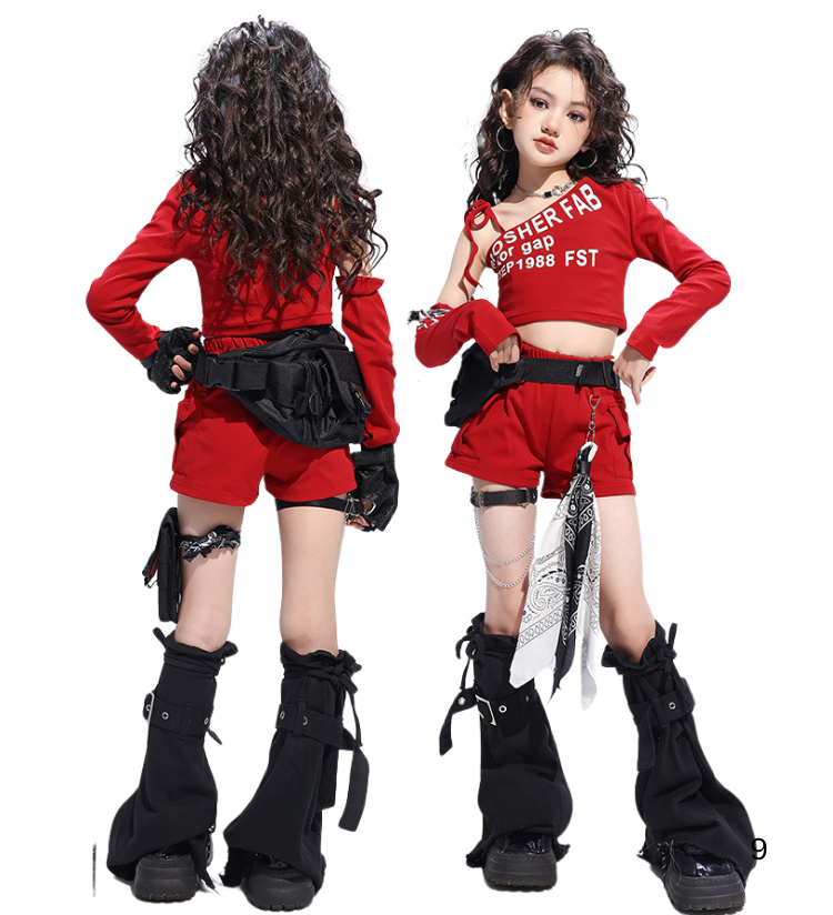 ชุดเต้น เซ็ตเสื้อปาดไหล่ พร้อมปลอกแขน โทนลายสก๊อต ดำแดง