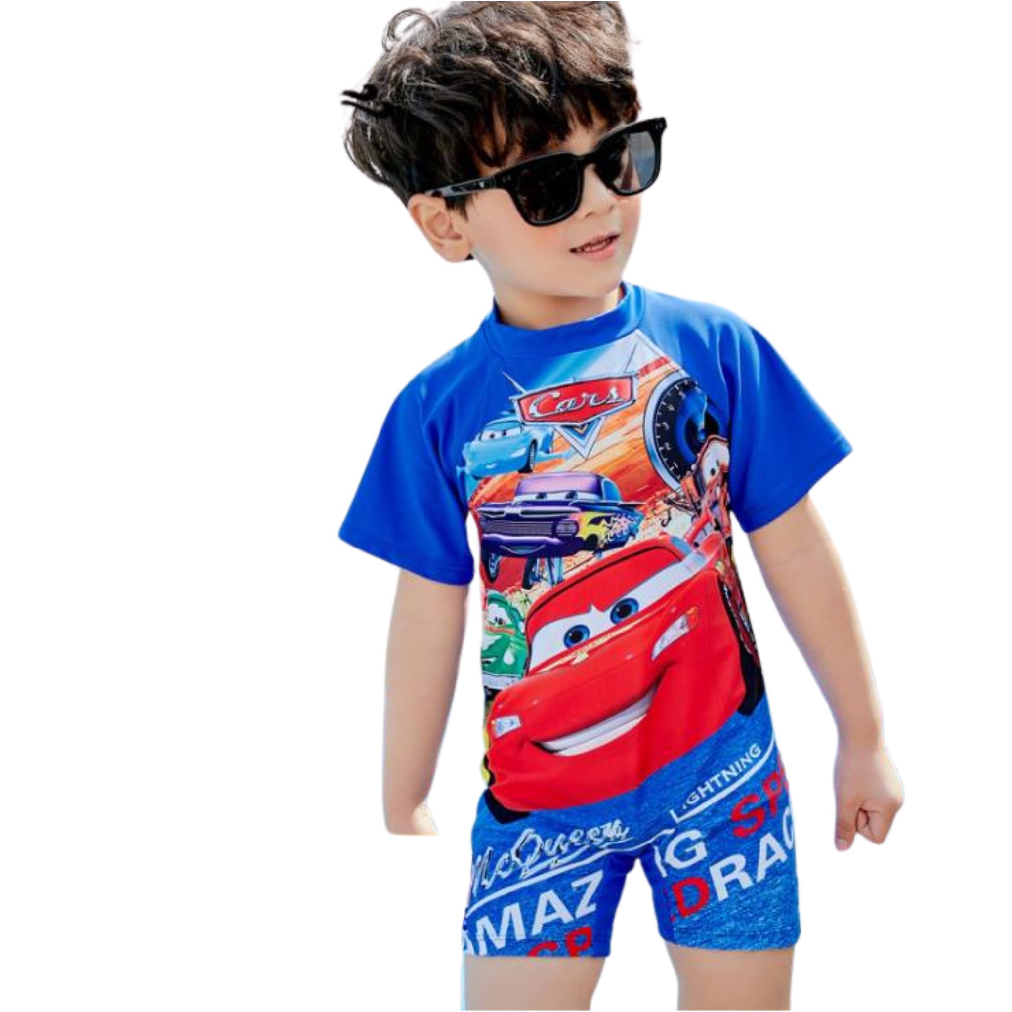 **พร้อมส่ง ชุดว่ายน้ำเด็กชาย บอดี้สูท เซ็ท คาร์สีน้ำเงิน