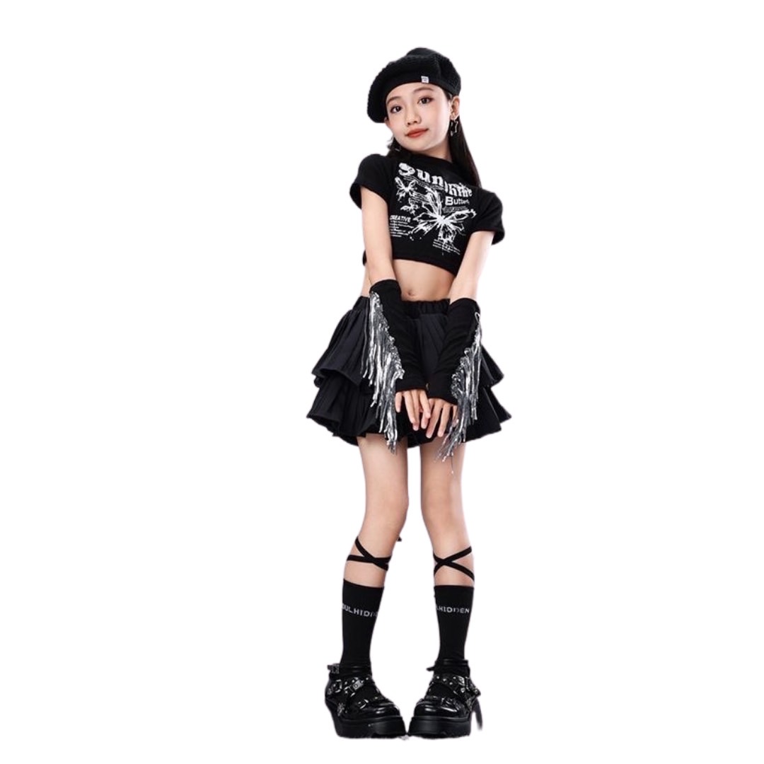 พร้อมส่ง ***ชุดเต้น เสื้อครอป แขนสั้น+กระโปรง พร้อมปลอกแขน ลายเสือ ลายผีเสื้อ ลายสก๊อต