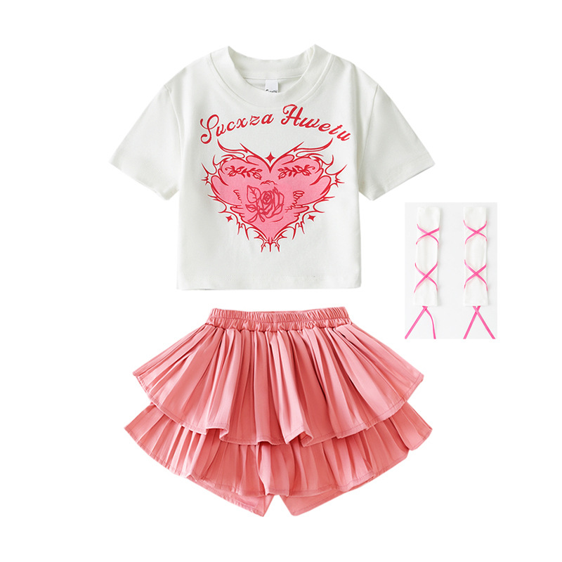 พร้อมส่ง ชุดเต้น เสื้อครอป แขนสั้น สกรีนลายหัวใจ+ถุงมือถักริบบิ้น