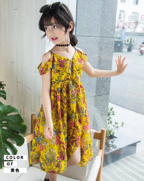 พร้อมส่ง ชุดเด็กผู้หญิง ชุดเดรส ลายดอกโชว์ไหล่