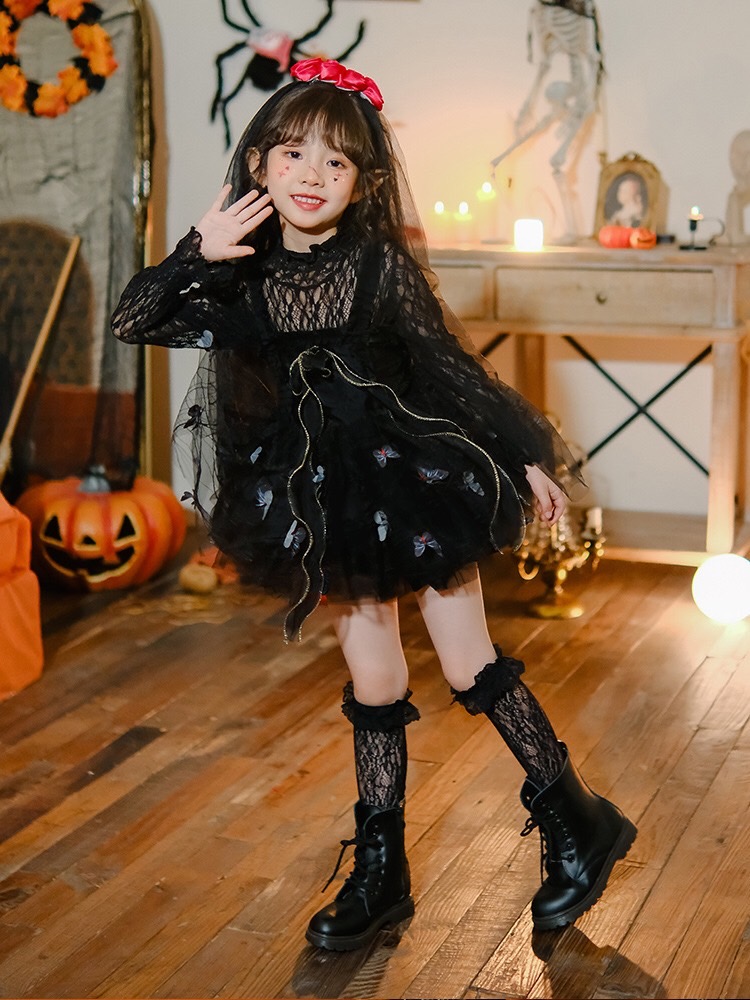 friendly4kid พร้อมส่ง ชุดฮาโลวีน ชุดเดรสหนัง แม่มด ปีศาจ สีดำ