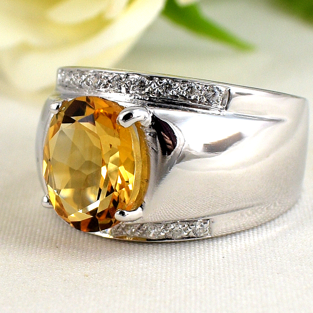 แหวนเงินแท้ราคาถูกชุบทองคำขาว ซิทรินแท้ 3.50 กะรัต เพชรCZ 0.18 กะรัต งานประณีตสวยงาม สั่งผลิตค่ะ