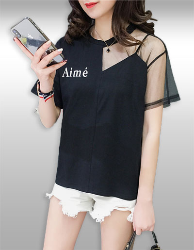 เสื้อแฟชั่นแต่งผ้าตาข่ายแบบเซ็กซี่ มี2สี รหัส 2070