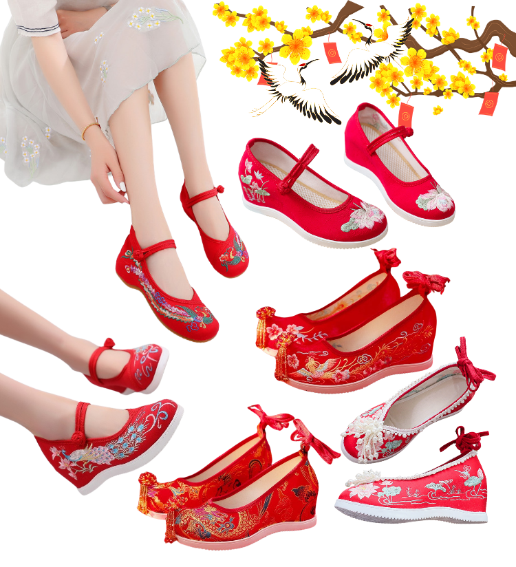 พร้อมส่ง รองเท้าจีน รองเท้าผ้าปักลาย ผู้ใหญ่ลายนกยูง สีแดง