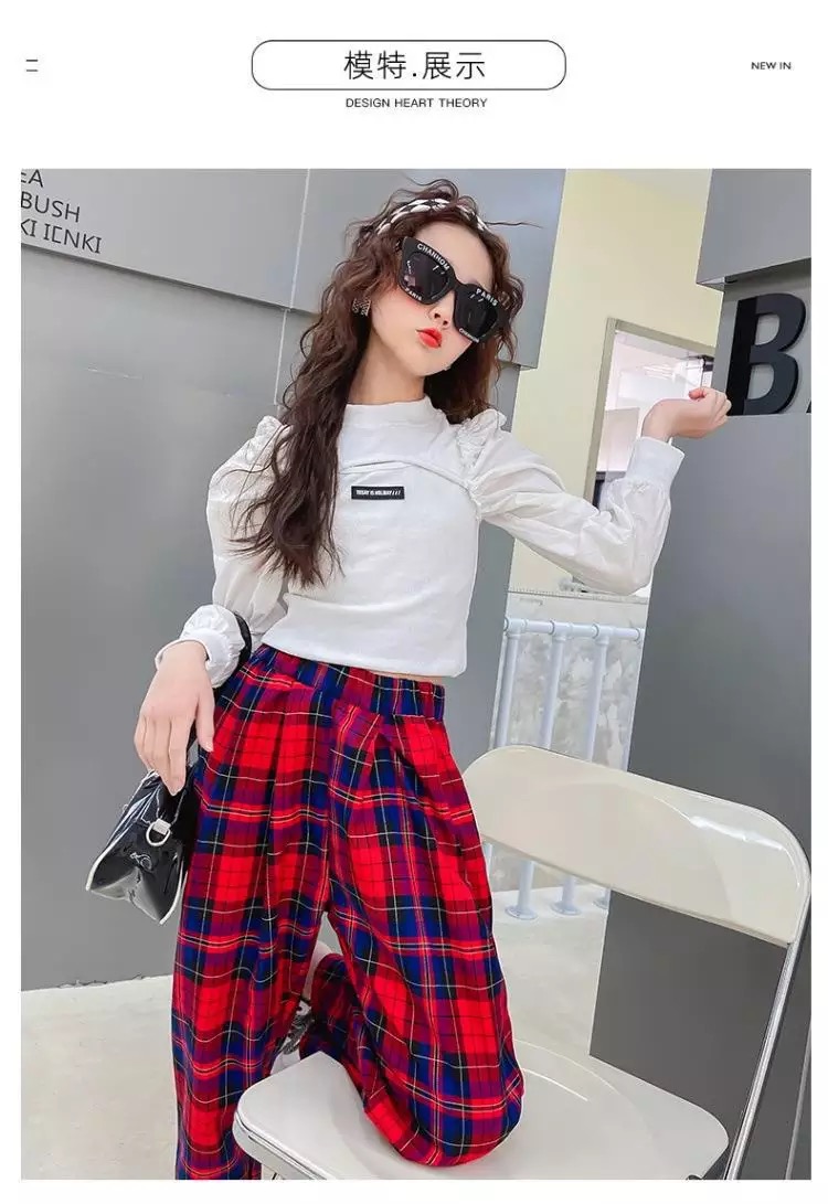 ชุดเต้น แดนซ์เสื้อแขนยาวสีขาว+กางเกงลายสก๊อต สีแดง