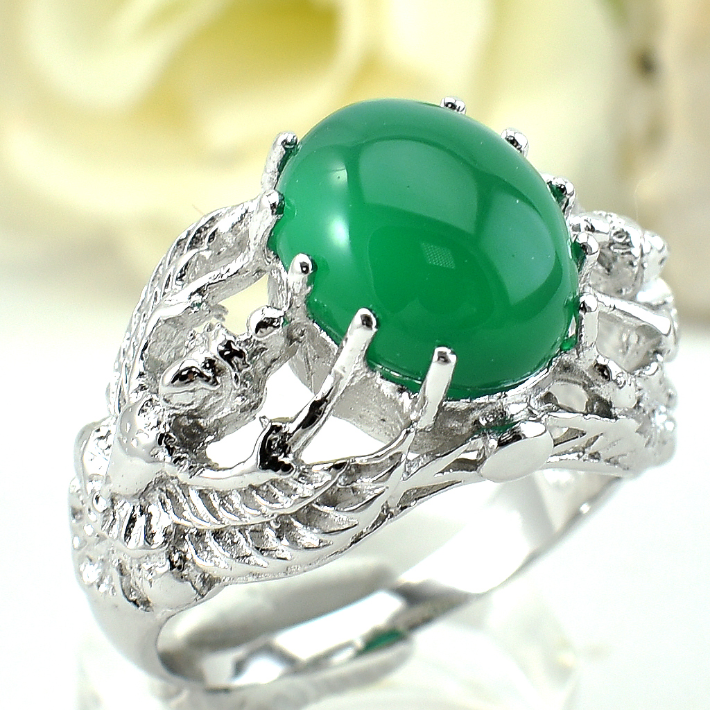 แหวนเงินแท้ราคาถูกชุบทองคำขาว พลอยแท้กรีนอะเกท 4.5 กะรัต งานประณีตสวยงาม สั่งผลิตค่ะ