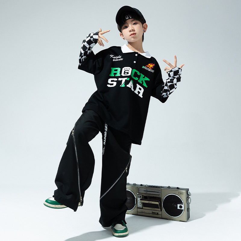 ชุดเต้น ชุดโคฟเวอร์แดนซ์ แขนยาวสีดำ+กางเกงขายาวสีดำ แต่งซิปด้านข้าง