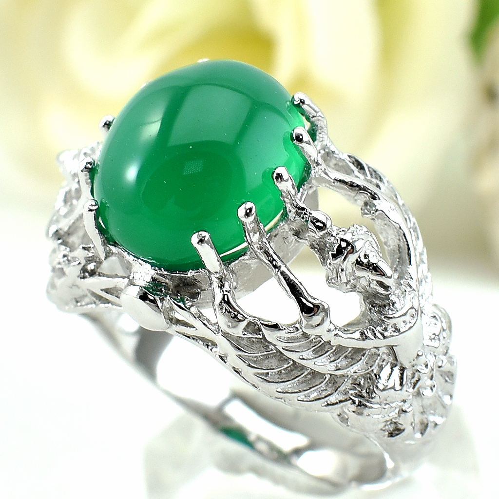 แหวนเงินแท้ราคาถูกชุบทองคำขาว พลอยแท้กรีนอะเกท 4.5 กะรัต งานประณีตสวยงาม สั่งผลิตค่ะ