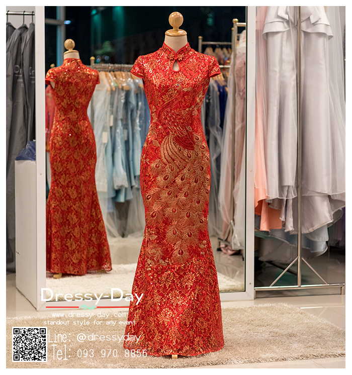 รหัส ชุดกี่เพ้ายาว : KPL049 ชุดกี่เพ้าประยุกต์ราคาถูกลายนกยูง ชุดกี่เพ้าสวยๆ สีแดง งานปักเลื่อมมือ สวยๆ ทรงเข้ารูป ใส่เป็นชุดกี่เพ้าแต่งงานก็สวยคะ