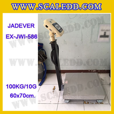 เครื่องชั่งดิจิตอลตั้งพื้น ยี่ห้อ JADEVER รุ่น EX-JWI-586 ขนาดแท่น 60x70cm. พิกัดน้ำหนัก 100kg ค่าละเอียด 10g พร้อมที่เข็นและล้อ