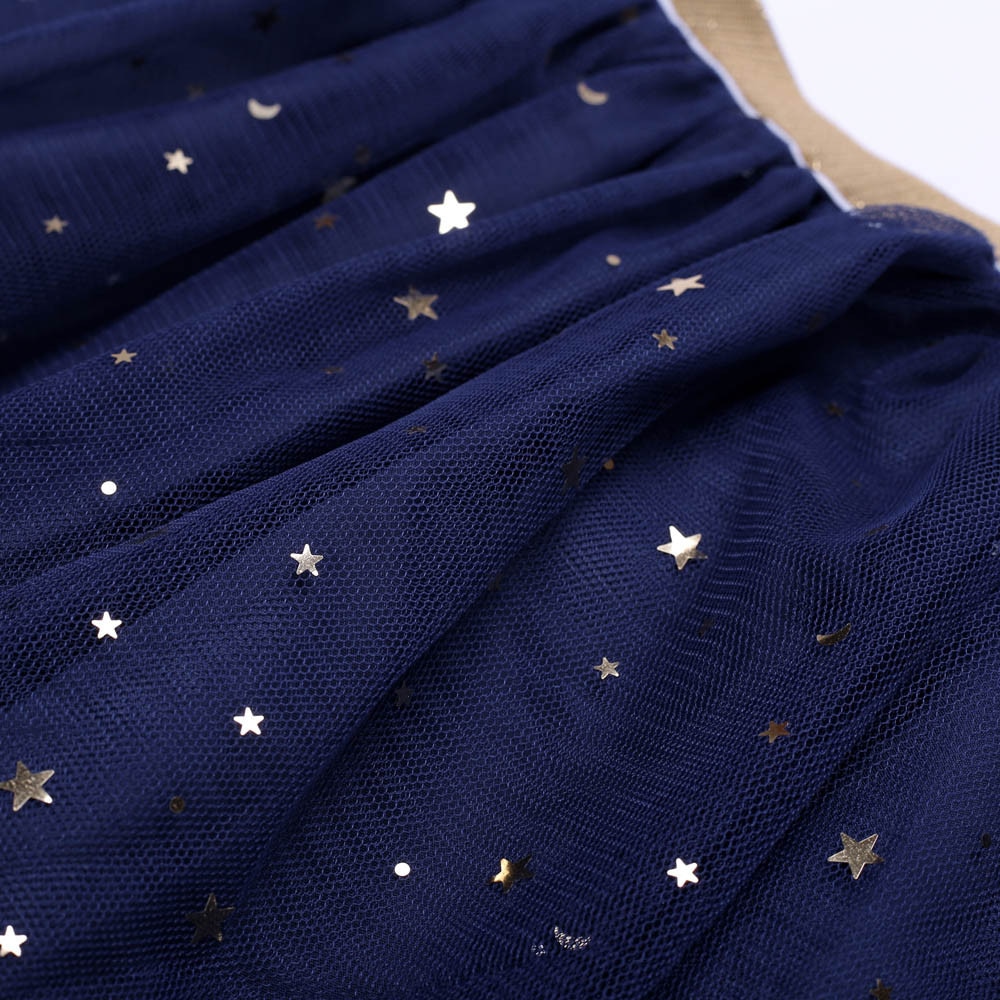 กระโปรงเด็ก ทรงสั้นบาน ลายดาว ผ้ามุ้ง แต่งดาว