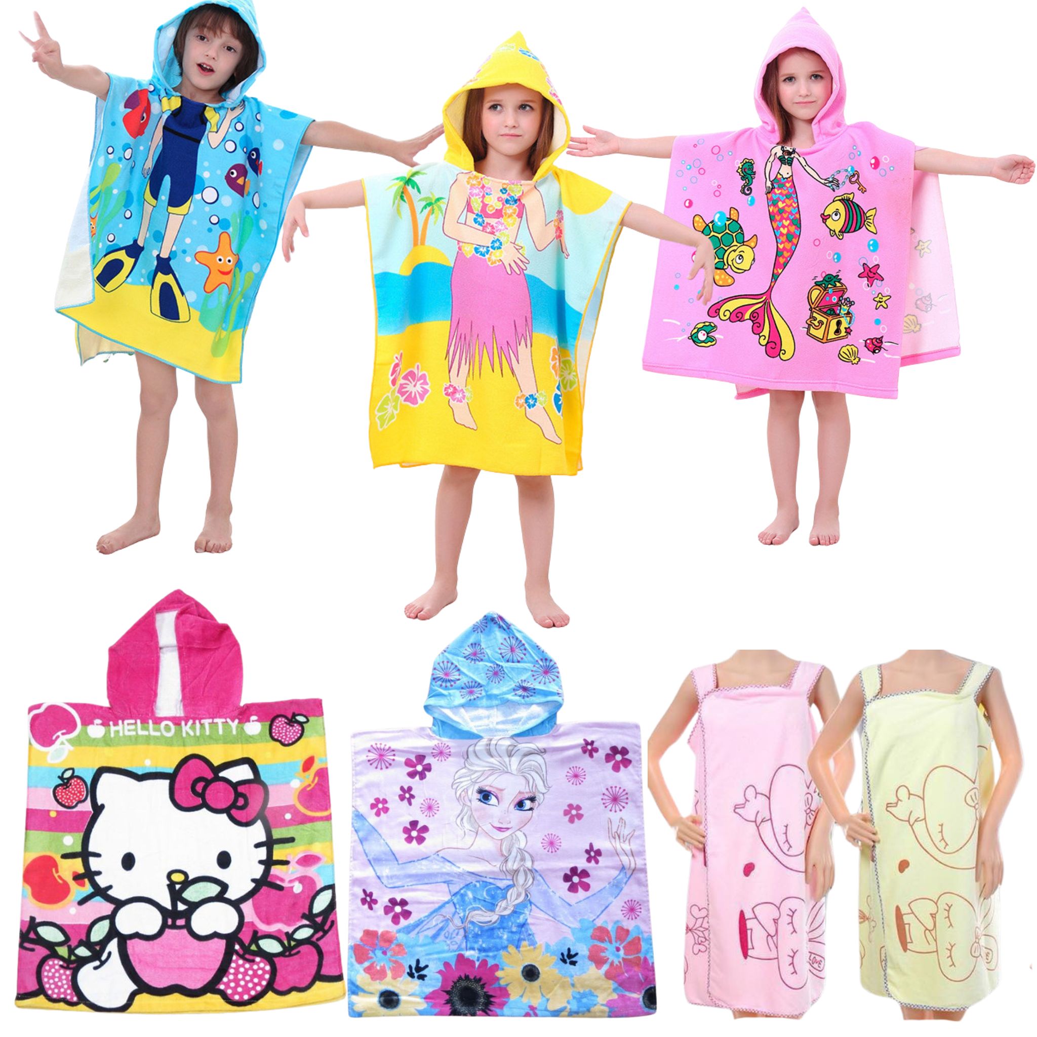 ผ้าคลุมว่ายน้ำ เรียนว่ายน้ำ แบบผ้าขนหนู สวมหัว ลายเด็กหญิง**พร้อมส่ง