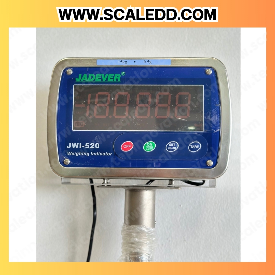 เครื่องชั่งกันน้ำตั้งพื้น พิกัดน้ำหนัก 15 kg. ค่าความละเอียด 0.5 กรัม ขนาดแท่นชั่ง 28x28 cm. ยี่ห้อ "JADEVER" รุ่น "JWI-520" (เครื่องชั่งผ่านตรวจรับรองจากสำนักชั่งตวงวัด)