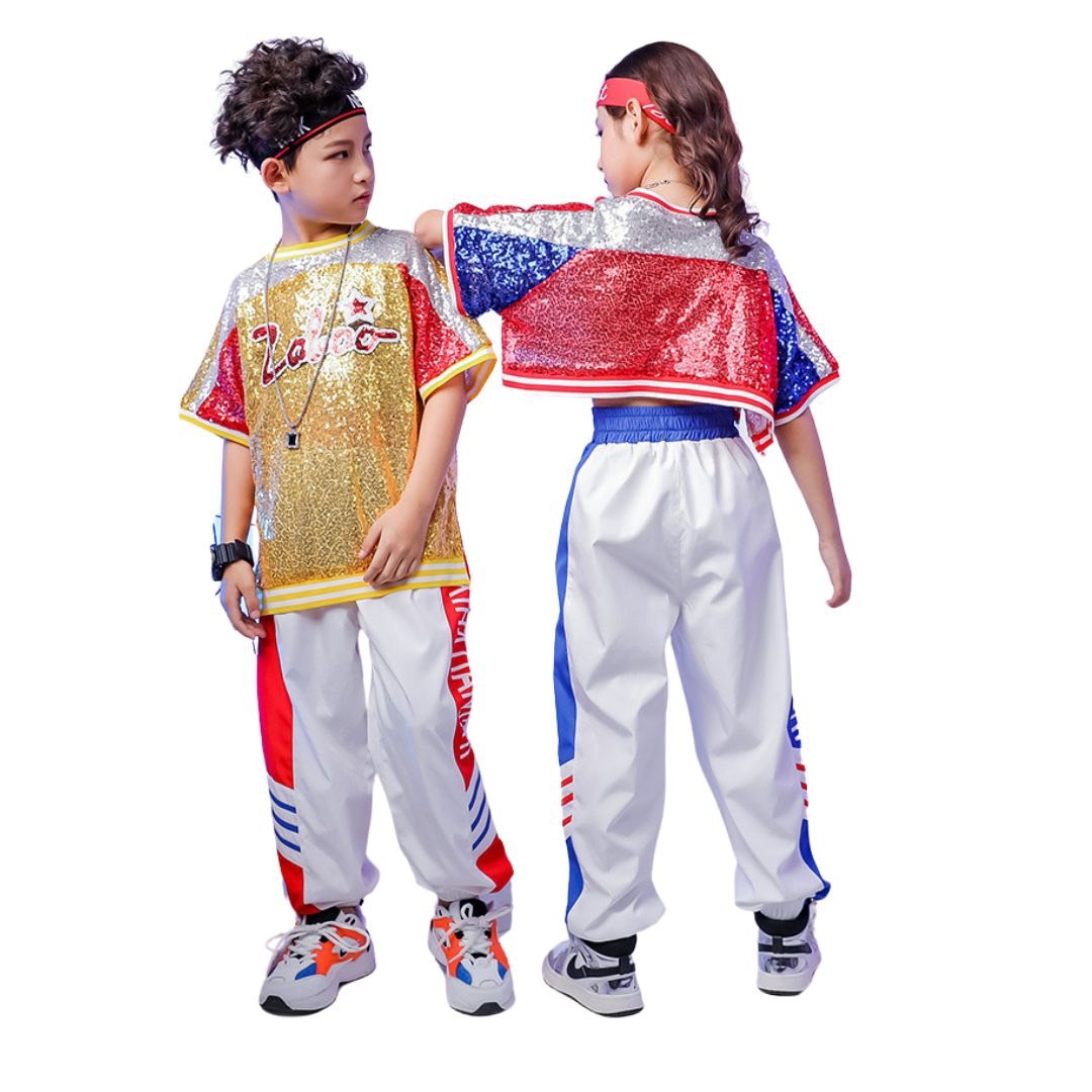 พร้อมส่ง ชุดเต้น ชุดแดนซ์ เซ็ต ปักเลื่อม แดง-ทอง เซ็ต 2 ขิ้น