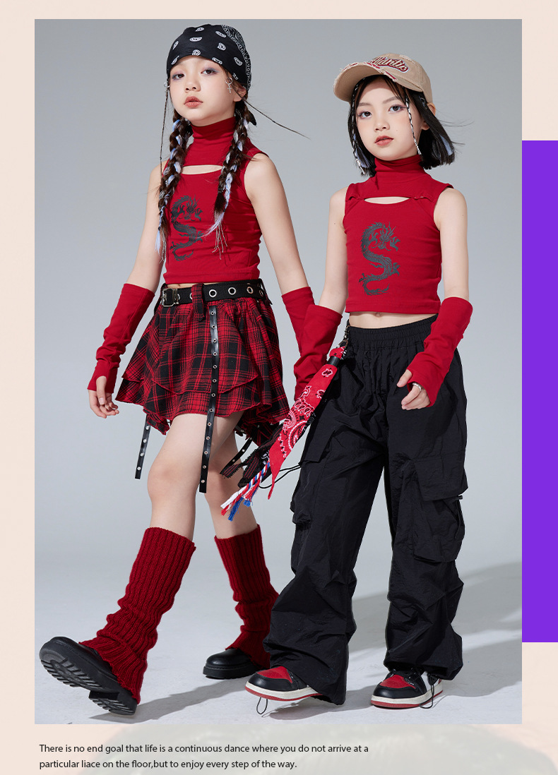 friendly4kid ชุดเต้น เซ็ตเสื้อแขนยาวดำ+กระโปรง ลายสก๊อต สีแดง ชุดการแสดงคริสมาสต์