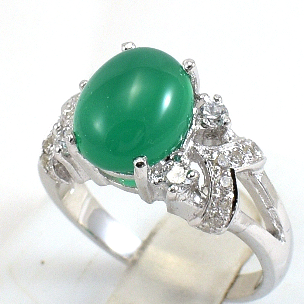 แหวนเงินแท้ราคาถูกชุบทองคำขาว พลอยแท้กรีนอะเกท 2.25 กะรัต เพชรCZ 0.286 กะรัต งานประณีตสวยงาม สั่งผลิตค่ะ