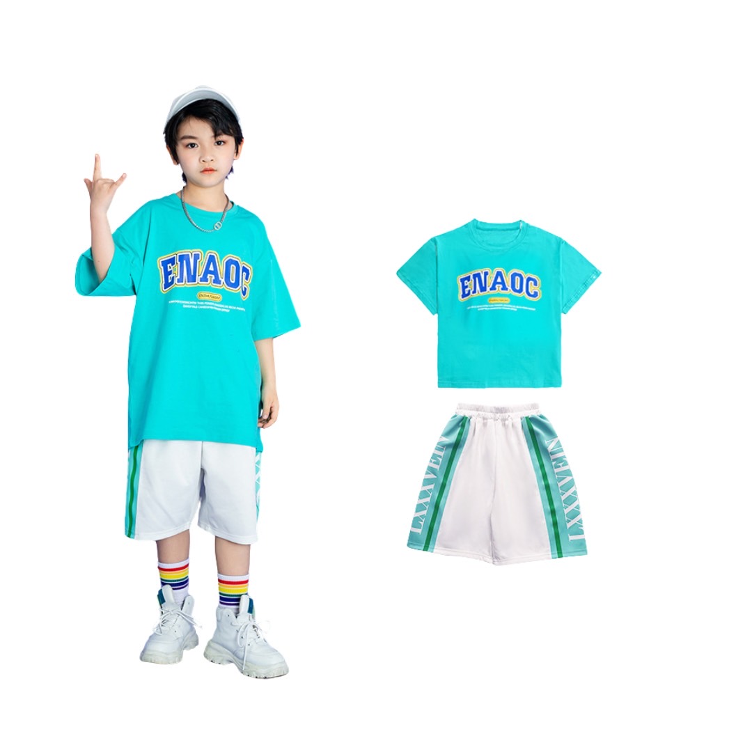 **พร้อมส่ง**ชุดเต้น ชุดแดนซ์ เสื้อสีฟ้า+กางเกงลายหมากรุก