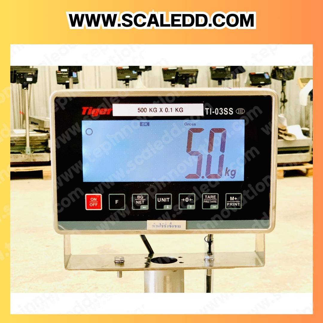 เครื่องชั่งแสตนเลส500กิโลกรัม เครื่องชั่งตั้งพื้นน้ำหนัก500กิโลกรัม ความละเอียด100กรัม ขนาดแท่น 1.2x1.2m. ยี่ห้อ TIGER รุ่น TI-03SS