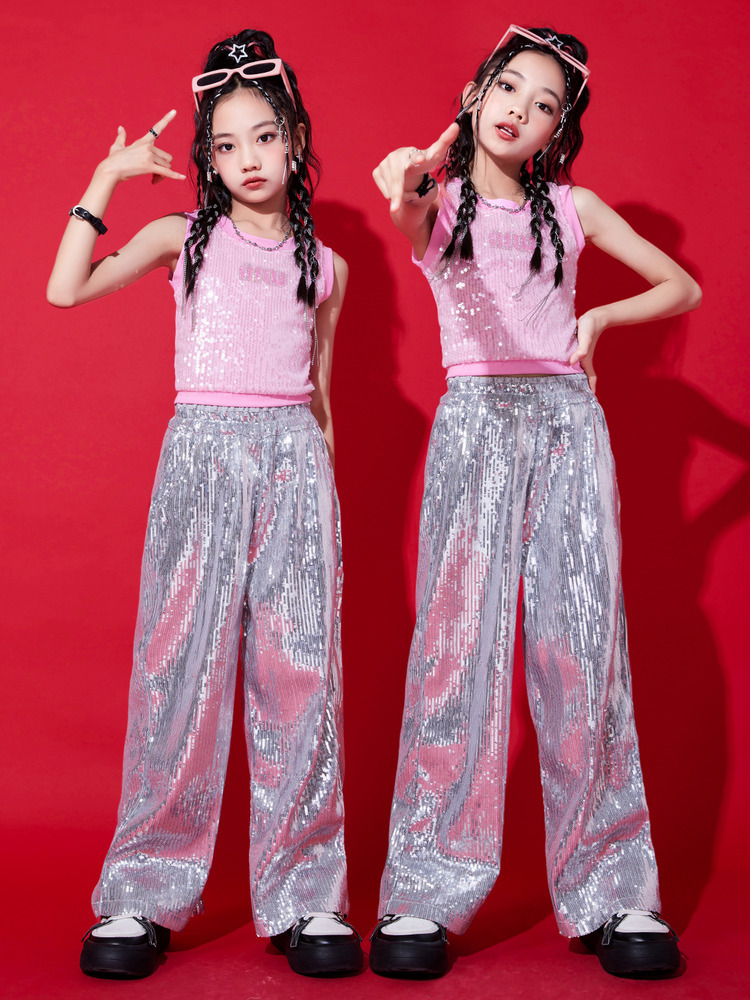 พร้อมส่ง ชุดเต้น ชุดแดนซ์ เสื้อแขนกุด+กางเกงขายาวปักเลื่อม