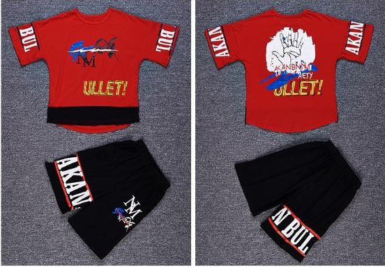 ชุดเต้น ฮิปฮอป เสื้อแขนสั้นขาวแดง+กางเกงดำ