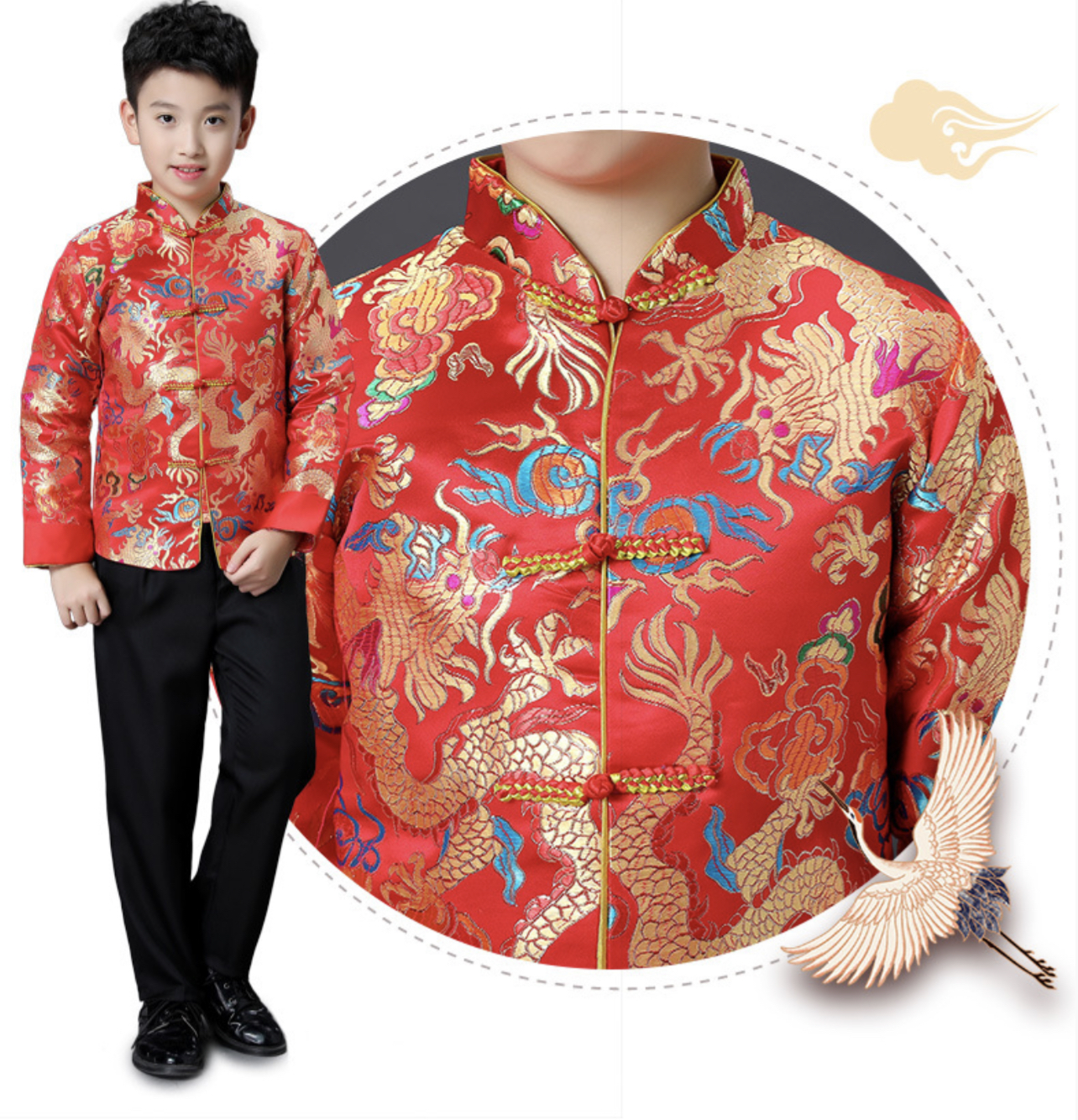 **พร้อมส่ง** ชุดจีน กี่เพ้า ชุดจีนเด็กชาย เสื้อสีแดงแขนขลิบทอง+สแลคดำ รุ่น 2