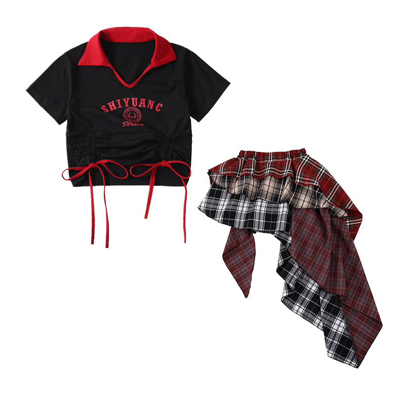 พร้อมส่ง**ชุดเต้น ชุดเซ็ทเสื้อแขนยาวเขียว+กางเกงขาสั้น กระโปรงสก๊อตแดง