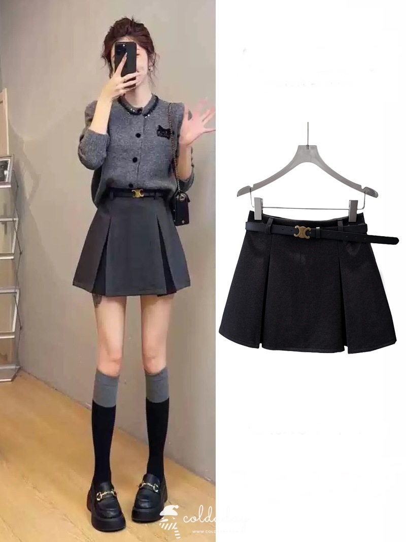 กระโปรงผ้าวูลทรงจีบ Belt Wool Skirt มี 3 สี S-XL