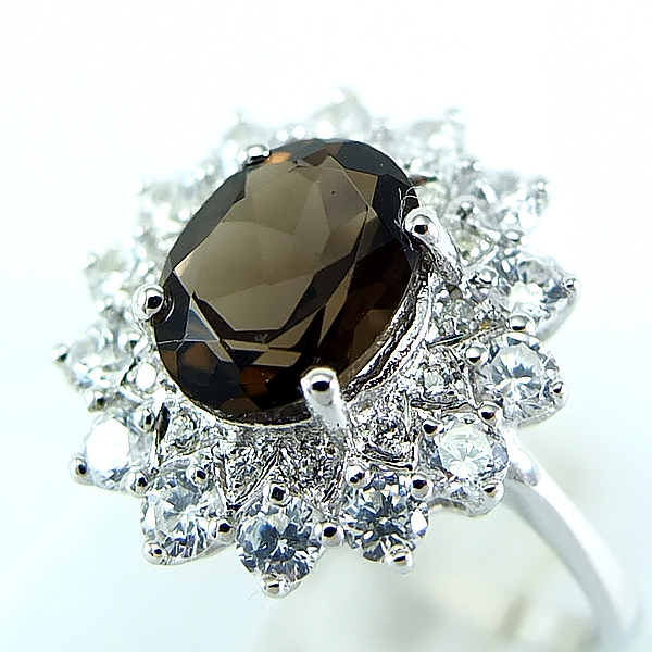 แหวนเงินแท้ราคาถูกชุบทองคำขาว พลอยแท้สโมกกี้ควอทซ์ 1.70 กะรัต งานประณีตสวยงาม สั่งผลิตค่ะ
