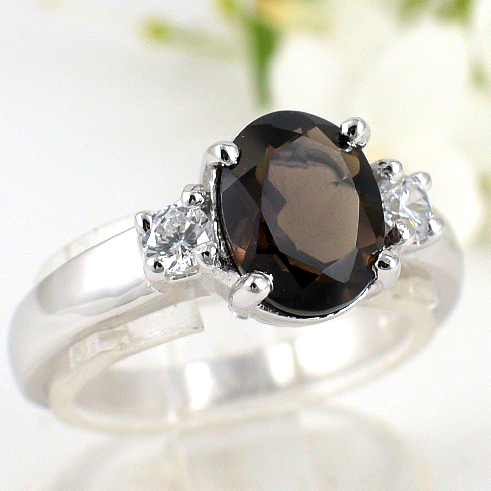 แหวนเงินแท้ราคาถูกชุบทองคำขาว พลอยแท้สโมกกี้ควอทซ์ 1.70 กะรัต เพชรCZ 0.20 กะรัต งานประณีตสวยงาม สั่งผลิตค่ะ