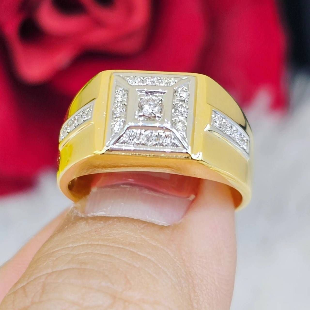 พร้อมส่งและสั่งผลิตแหวนเพชรแท้ปลอกมีดชาย แหวนแต่งงาน แหวนหมั้น ใส่เที่ยว ออกงาน แหวนทองคำ 9K เพชรเกสรแท้ 0.25 กะรัต 21 เม็ด ราคาถูกมาก ส่งฟรี