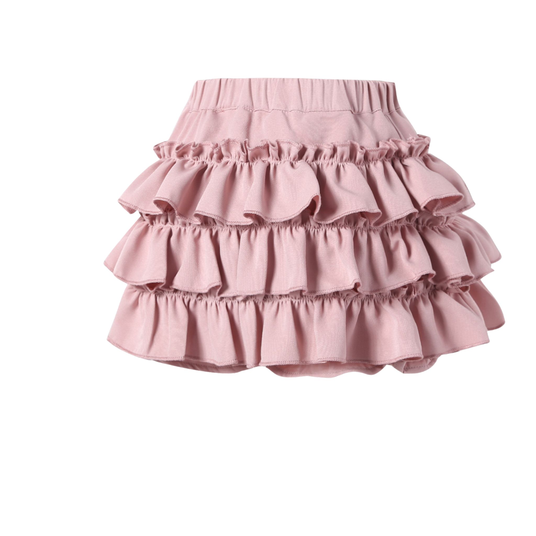 กระโปรง เด็กผู้หญิง ทรงขนมชั้น สีพื้น มีซับระบายชั้นติดโบว์