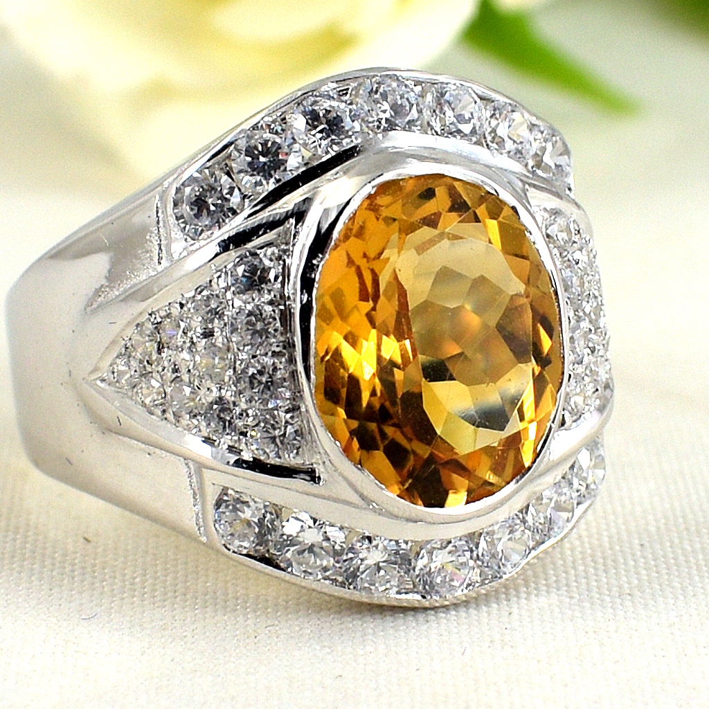 แหวนเงินแท้ราคาถูกชุบทองคำขาว ซิทรินแท้ 4.30 กะรัต เพชรCZ 1.38 กะรัต งานประณีตสวยงาม สั่งผลิตค่ะ