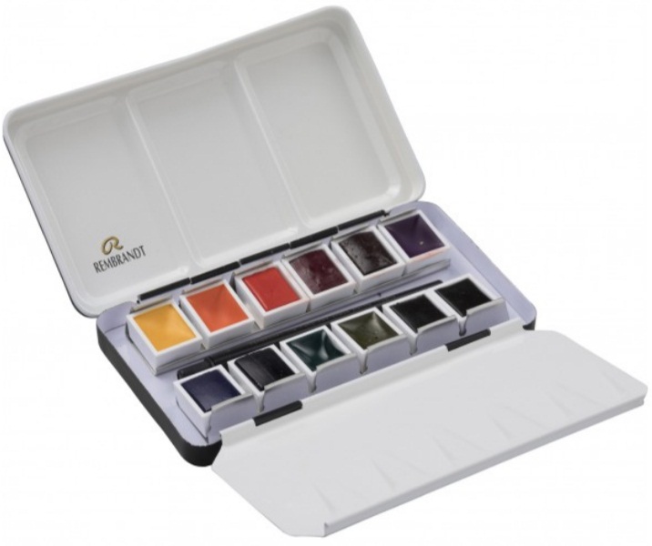 ชุดสีน้ำกล่องโลหะ Rembrandt 12สี พร้อมพู่กัน (Dusk, Oxide Black Mixing)
