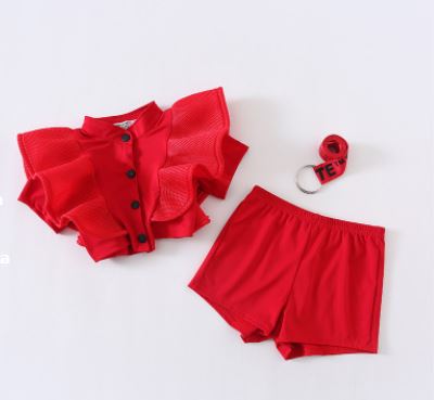 ชุดเต้น เสื้อแขนระบาย+กางเกงขาสั้น พร้อมเข็มขัด